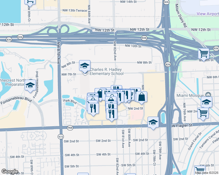 map of restaurants, bars, coffee shops, grocery stores, and more near 342-498 Northwest 82nd Avenue in Miami