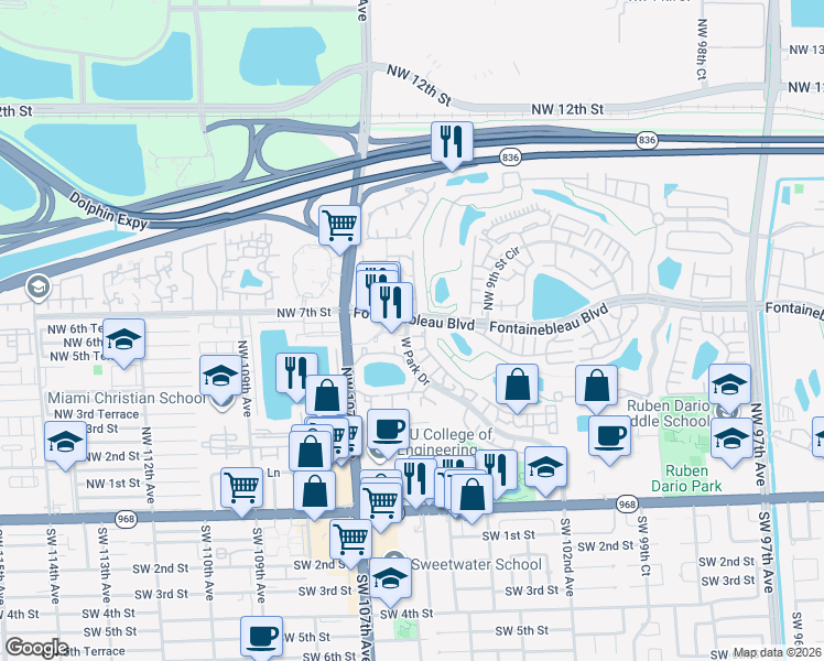 map of restaurants, bars, coffee shops, grocery stores, and more near 615 West Park Drive in Miami