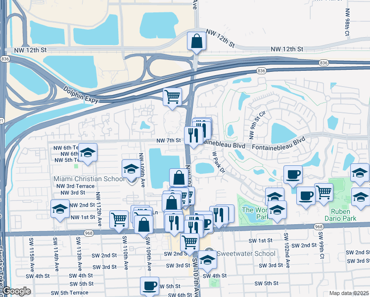map of restaurants, bars, coffee shops, grocery stores, and more near 500 Northwest 107th Avenue in Miami
