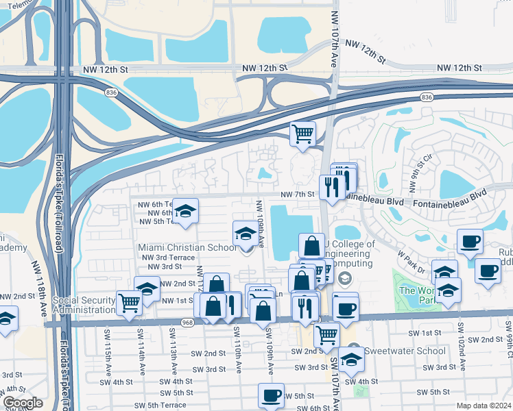 map of restaurants, bars, coffee shops, grocery stores, and more near 513 Northwest 109th Avenue in Miami