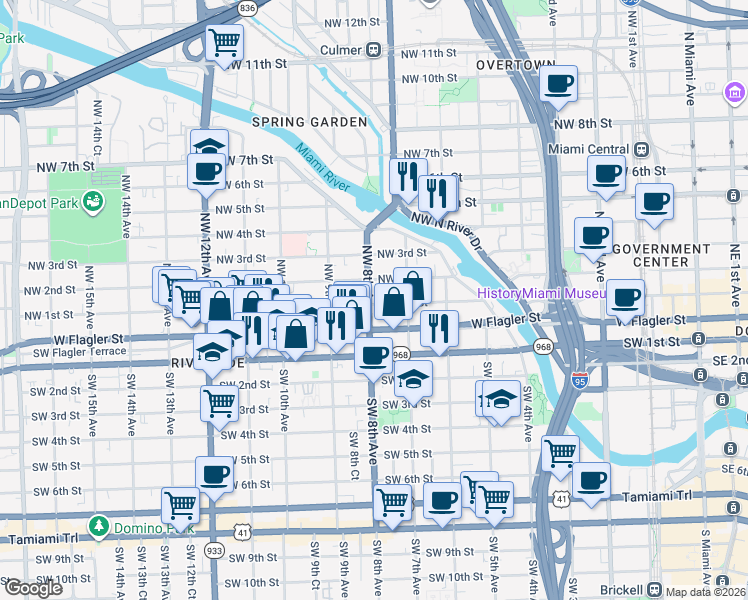 map of restaurants, bars, coffee shops, grocery stores, and more near 809 West Flagler Street in Miami