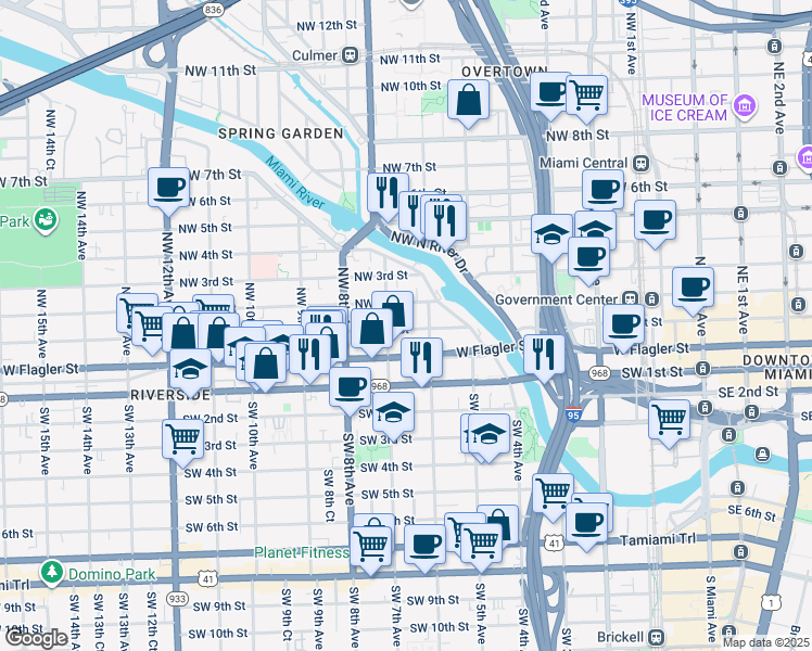 map of restaurants, bars, coffee shops, grocery stores, and more near 645 Northwest 1st Street in Miami