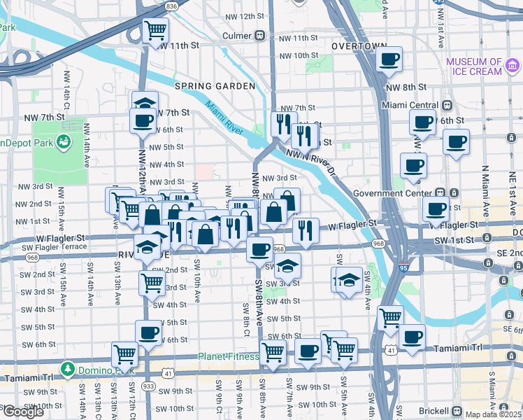 map of restaurants, bars, coffee shops, grocery stores, and more near 809 West Flagler Street in Miami