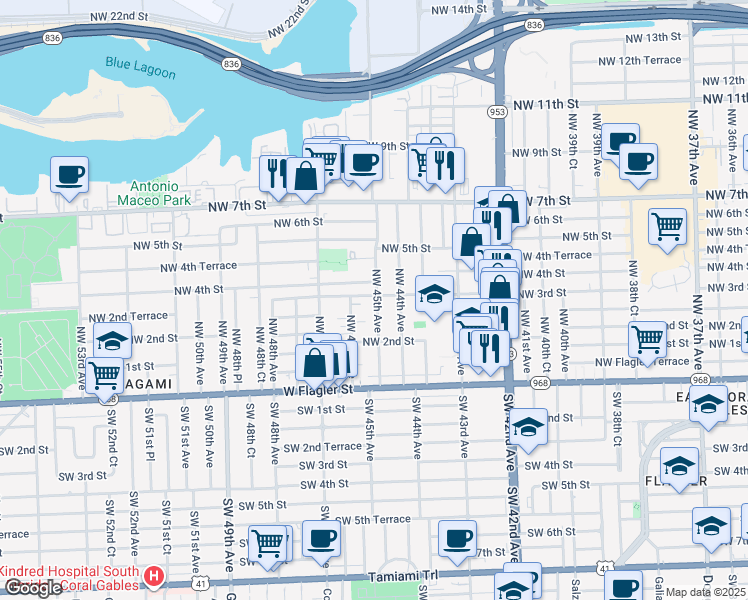 map of restaurants, bars, coffee shops, grocery stores, and more near 274 Northwest 45th Avenue in Miami