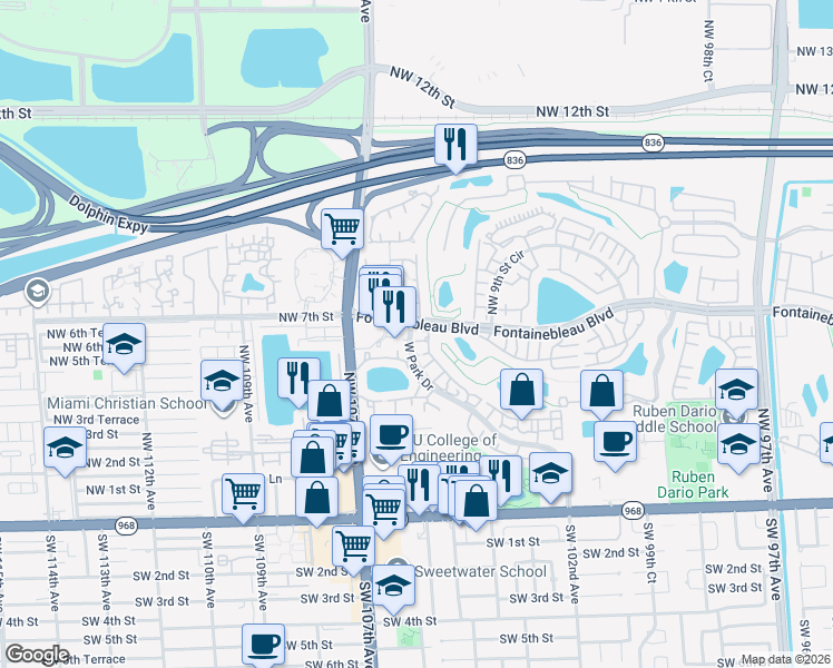 map of restaurants, bars, coffee shops, grocery stores, and more near 615 West Park Drive in Miami