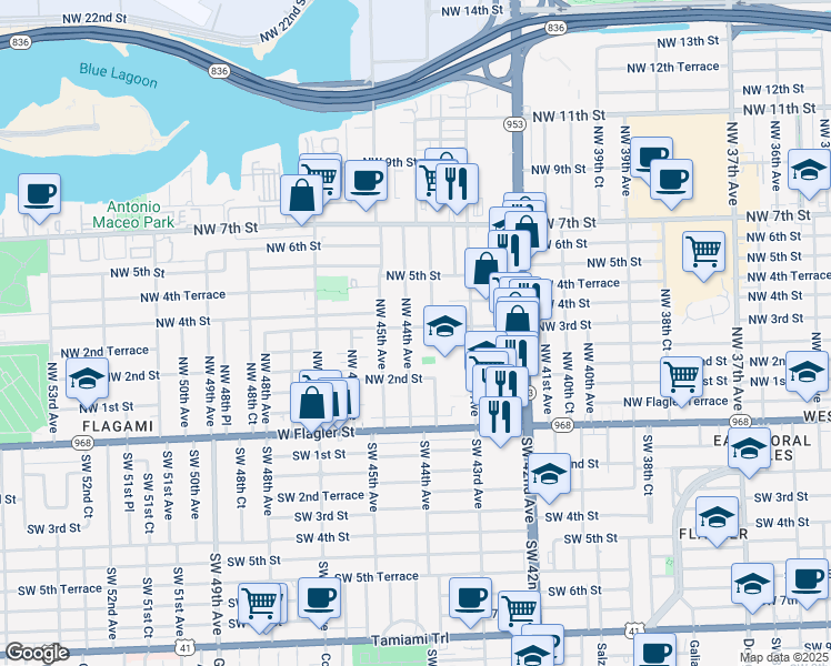 map of restaurants, bars, coffee shops, grocery stores, and more near 283 Northwest 44th Avenue in Miami