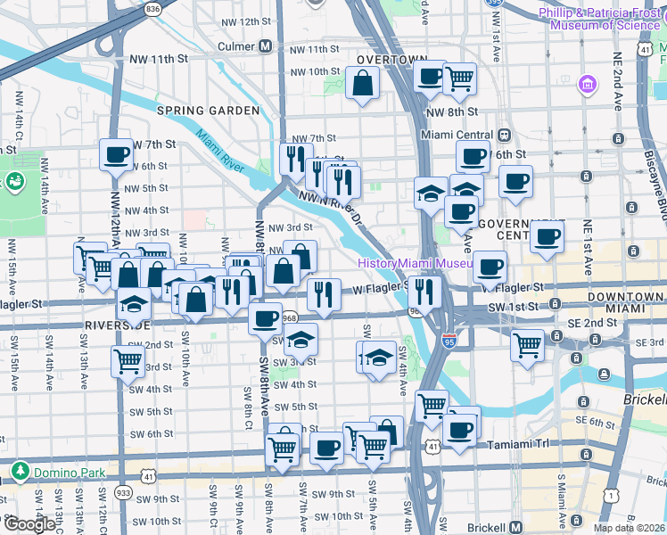 map of restaurants, bars, coffee shops, grocery stores, and more near 628 Northwest 1st Street in Miami