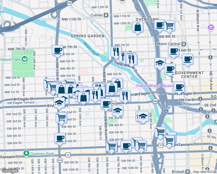 map of restaurants, bars, coffee shops, grocery stores, and more near in Miami
