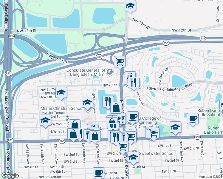 map of restaurants, bars, coffee shops, grocery stores, and more near 317 Northwest 109th Avenue in Doral