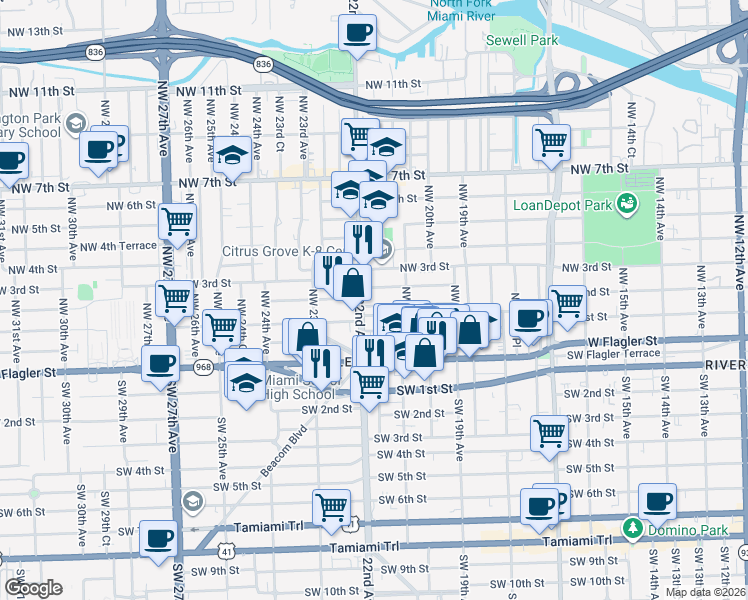 map of restaurants, bars, coffee shops, grocery stores, and more near 2176 Northwest 1st Terrace in Miami