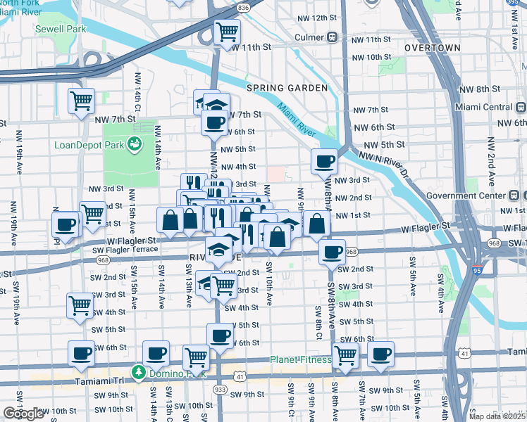 map of restaurants, bars, coffee shops, grocery stores, and more near 1055 Northwest 1st Street in Miami