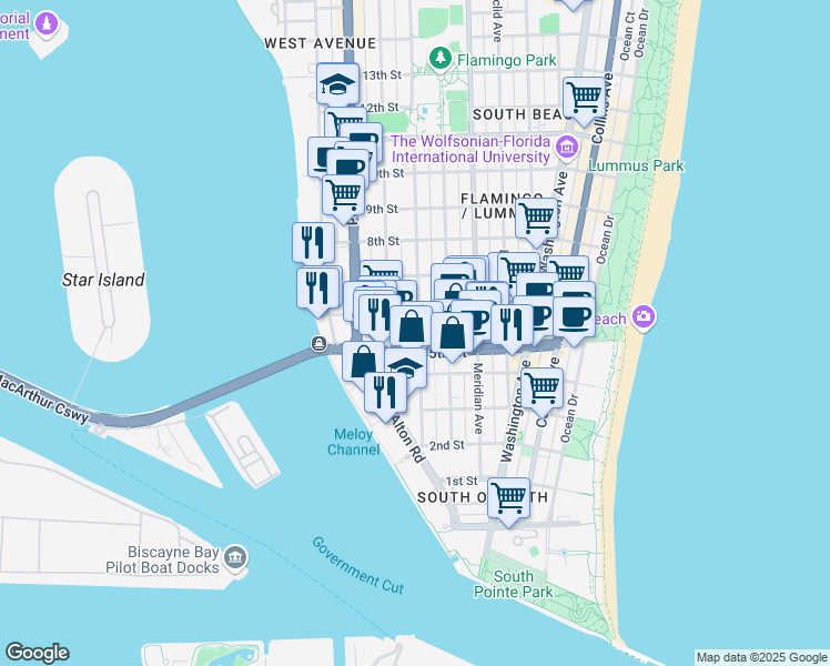 map of restaurants, bars, coffee shops, grocery stores, and more near 1029 5th Street in Miami Beach