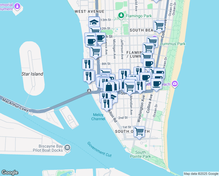 map of restaurants, bars, coffee shops, grocery stores, and more near 1029 5th Street in Miami Beach
