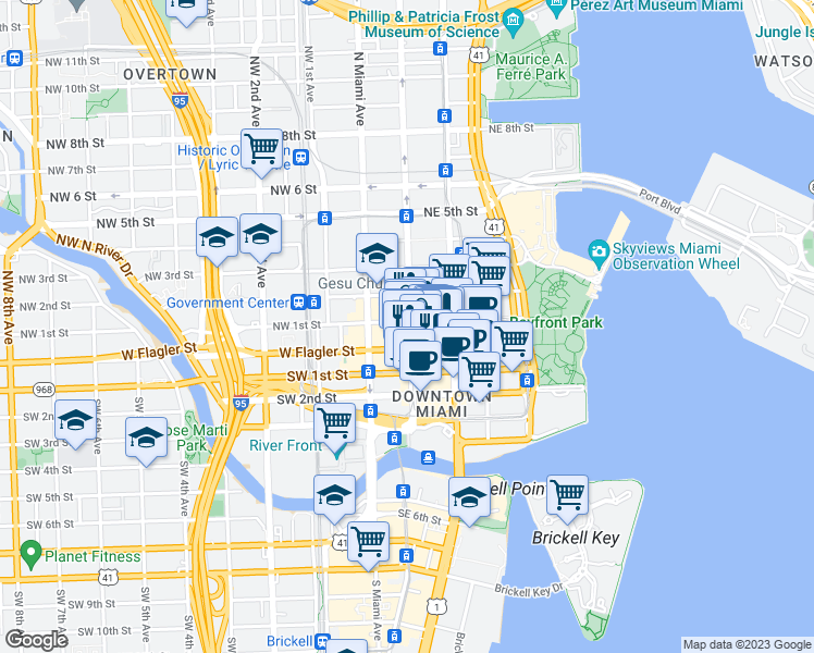 map of restaurants, bars, coffee shops, grocery stores, and more near 119 East Flagler Street in Miami