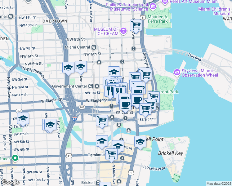 map of restaurants, bars, coffee shops, grocery stores, and more near 27 East Flagler Street in Miami