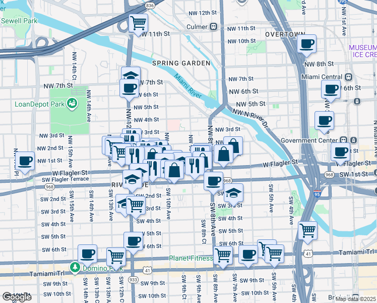 map of restaurants, bars, coffee shops, grocery stores, and more near 876 Northwest 1st Street in Miami