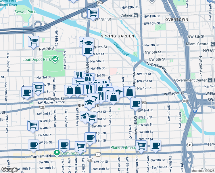 map of restaurants, bars, coffee shops, grocery stores, and more near 1055 Northwest 1st Street in Miami