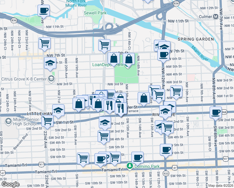 map of restaurants, bars, coffee shops, grocery stores, and more near 100 Northwest 16th Avenue in Miami