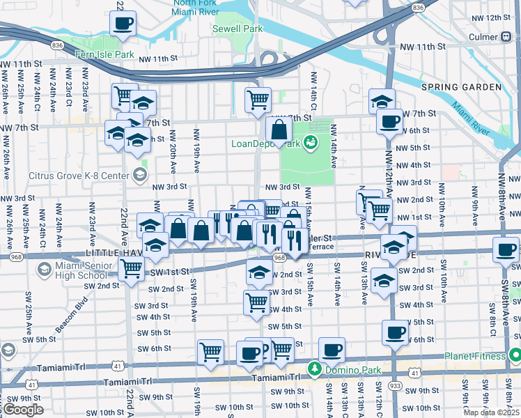 map of restaurants, bars, coffee shops, grocery stores, and more near 1700 Northwest 1st Street in Miami
