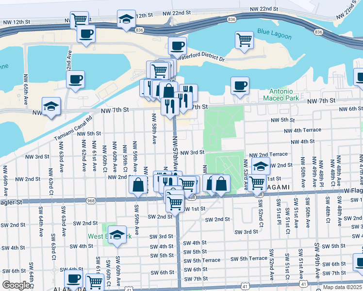 map of restaurants, bars, coffee shops, grocery stores, and more near 5651 Northwest 3rd Street in Miami