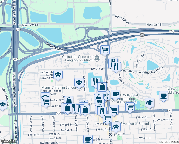 map of restaurants, bars, coffee shops, grocery stores, and more near 513 Northwest 109th Avenue in Miami