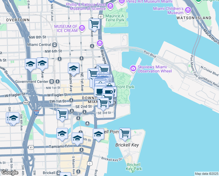 map of restaurants, bars, coffee shops, grocery stores, and more near 3 Northeast 3rd Avenue in Miami