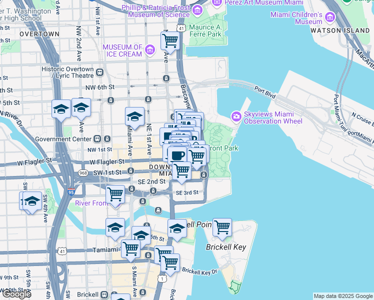 map of restaurants, bars, coffee shops, grocery stores, and more near 3 Northeast 3rd Avenue in Miami