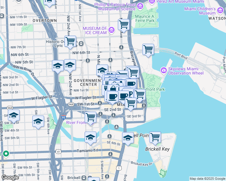 map of restaurants, bars, coffee shops, grocery stores, and more near 119 East Flagler Street in Miami