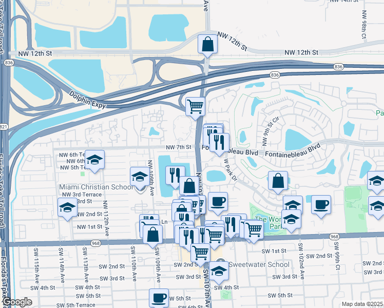 map of restaurants, bars, coffee shops, grocery stores, and more near 500 Northwest 107th Avenue in Miami