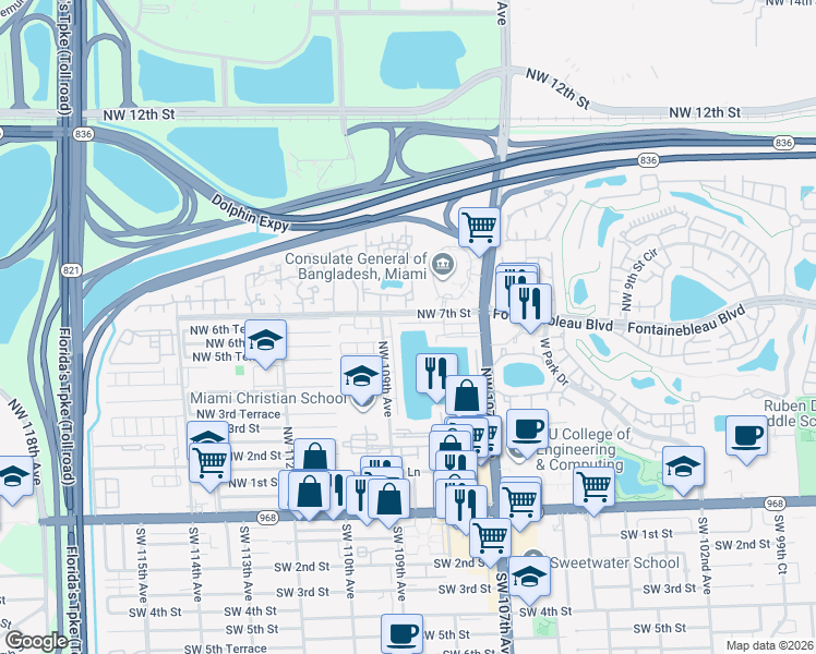 map of restaurants, bars, coffee shops, grocery stores, and more near 513 Northwest 109th Avenue in Miami