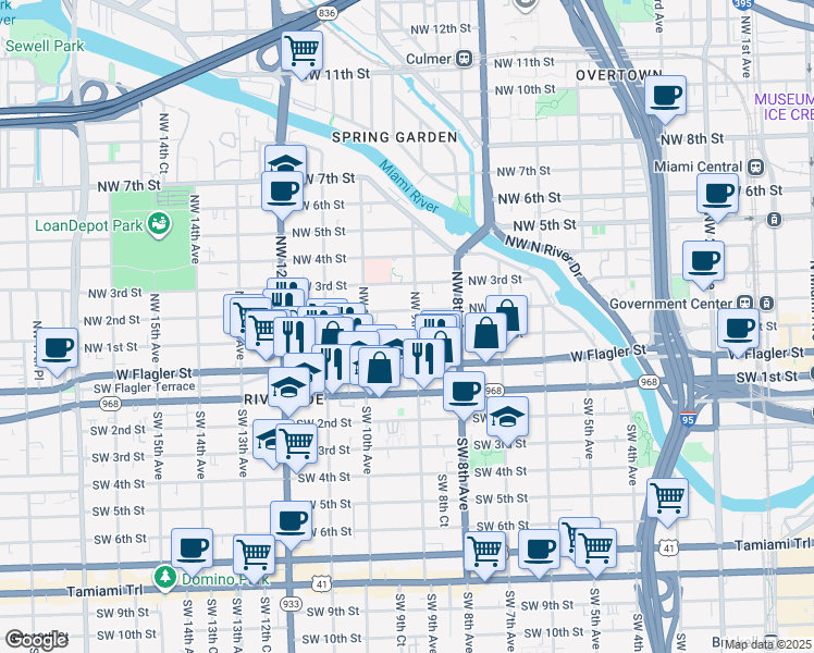map of restaurants, bars, coffee shops, grocery stores, and more near 876 Northwest 1st Street in Miami