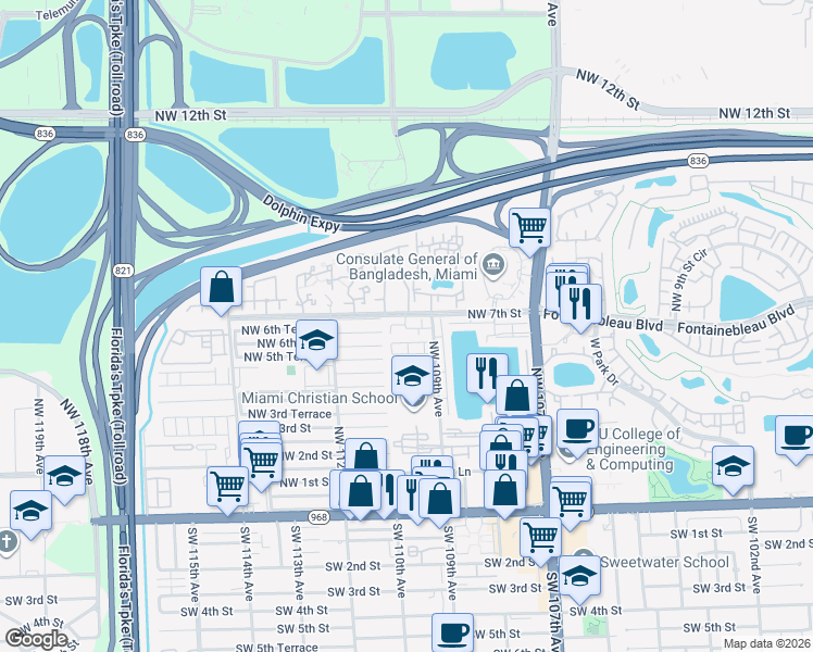 map of restaurants, bars, coffee shops, grocery stores, and more near 550 Northwest 109th Avenue in Miami