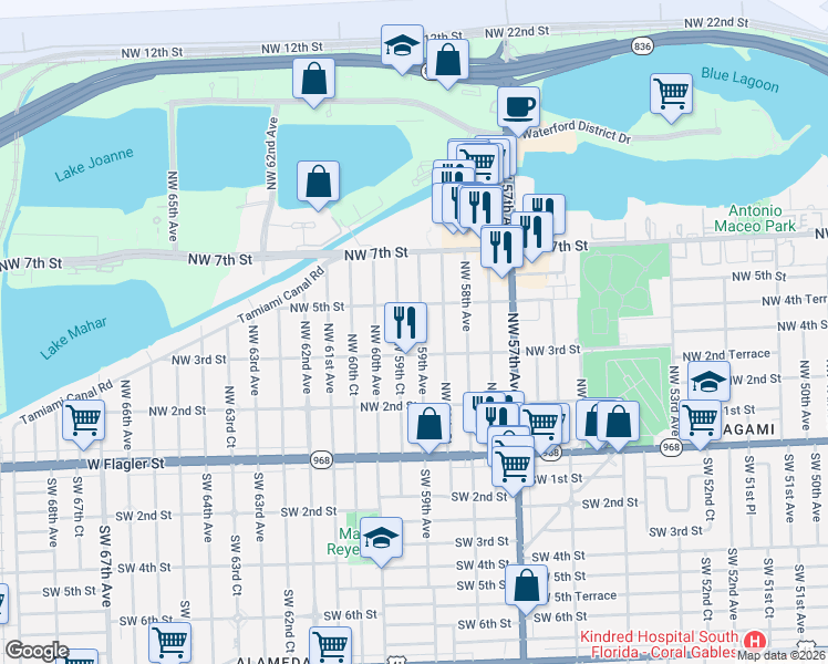 map of restaurants, bars, coffee shops, grocery stores, and more near 5901 Northwest 3rd Street in Miami