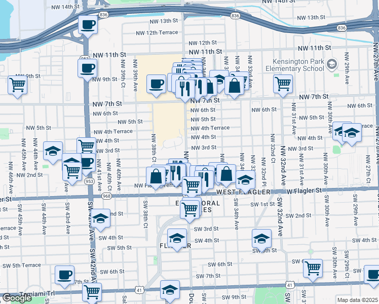 map of restaurants, bars, coffee shops, grocery stores, and more near 3708 Northwest 2nd Terrace in Miami