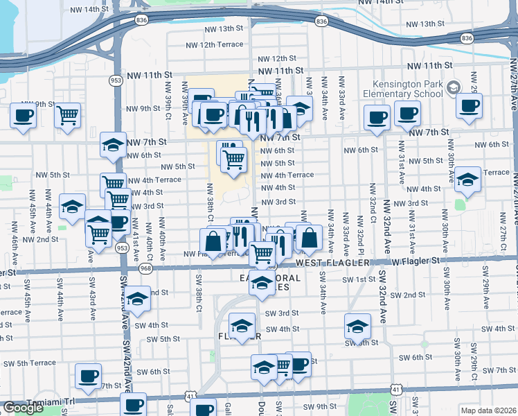 map of restaurants, bars, coffee shops, grocery stores, and more near 3708 Northwest 2nd Terrace in Miami