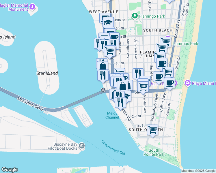 map of restaurants, bars, coffee shops, grocery stores, and more near in Miami Beach