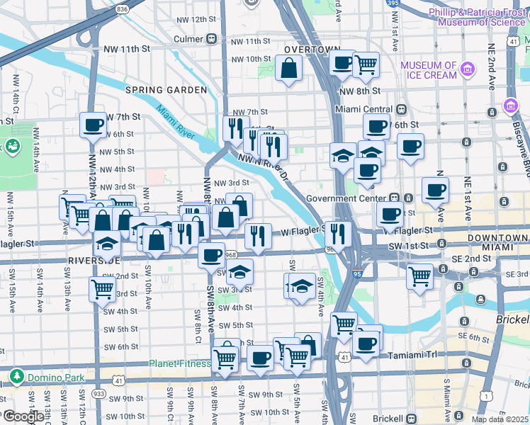 map of restaurants, bars, coffee shops, grocery stores, and more near 628 Northwest 1st Street in Miami