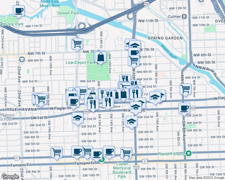map of restaurants, bars, coffee shops, grocery stores, and more near 1421 Northwest 1st Street in Miami