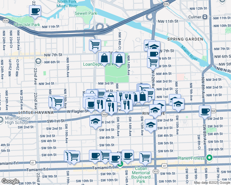 map of restaurants, bars, coffee shops, grocery stores, and more near 1511 Northwest 1st Street in Miami