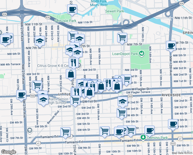 map of restaurants, bars, coffee shops, grocery stores, and more near 1935 Northwest 1st Street in Miami