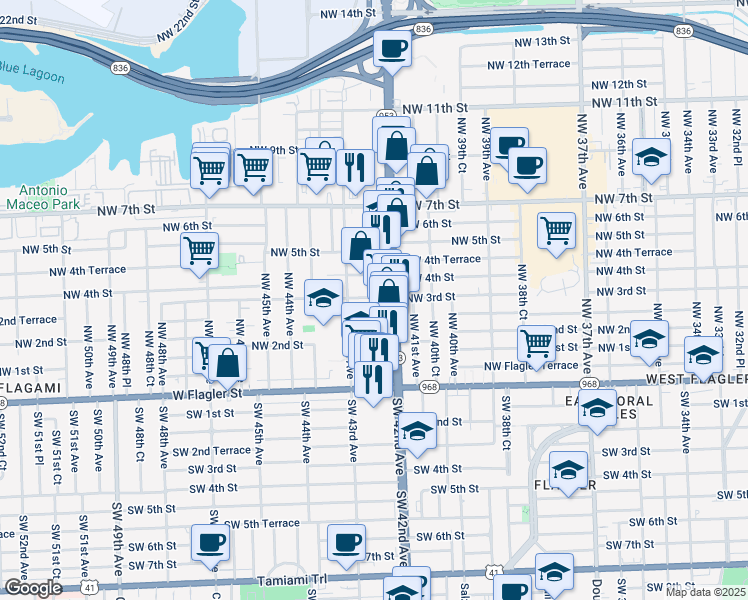 map of restaurants, bars, coffee shops, grocery stores, and more near 4255 Northwest 2nd Terrace in Miami