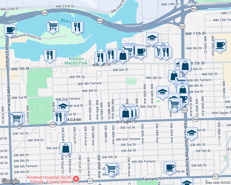 map of restaurants, bars, coffee shops, grocery stores, and more near 260 Northwest 48th Avenue in Miami