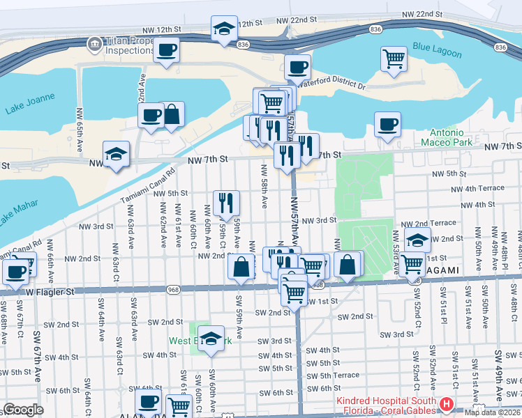 map of restaurants, bars, coffee shops, grocery stores, and more near 5821 Northwest 3rd Street in Miami