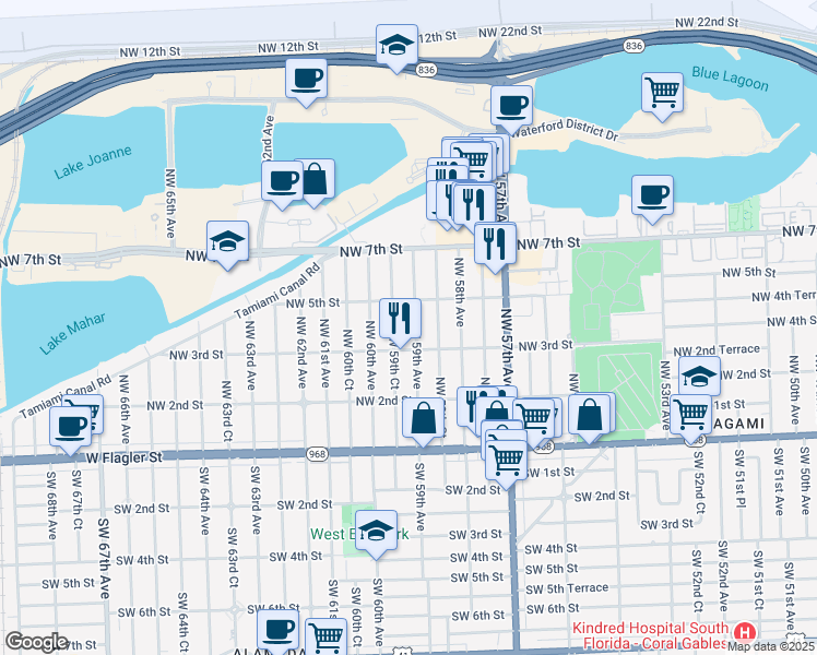map of restaurants, bars, coffee shops, grocery stores, and more near 5901 Northwest 3rd Street in Miami