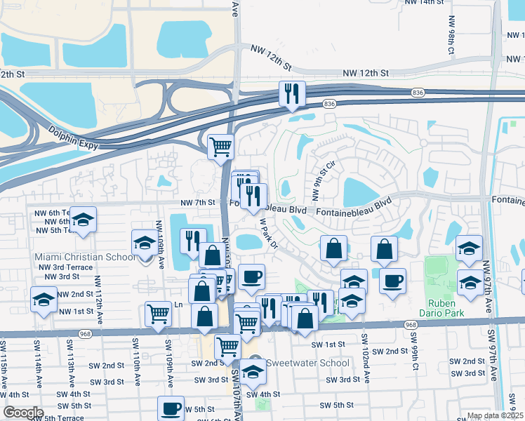 map of restaurants, bars, coffee shops, grocery stores, and more near 615 West Park Drive in Miami