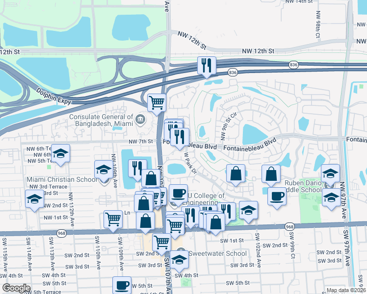 map of restaurants, bars, coffee shops, grocery stores, and more near 615 West Park Drive in Miami