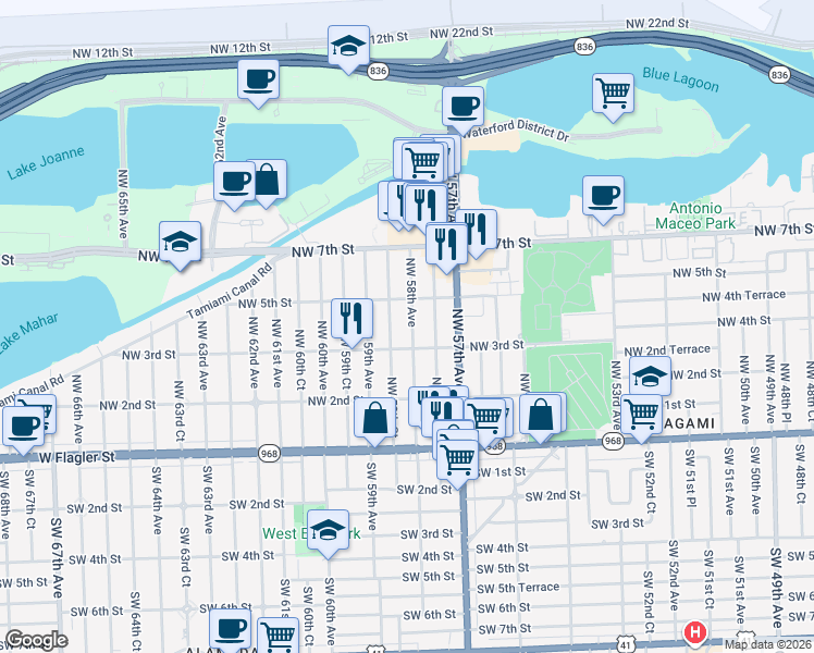 map of restaurants, bars, coffee shops, grocery stores, and more near 5821 Northwest 3rd Street in Miami