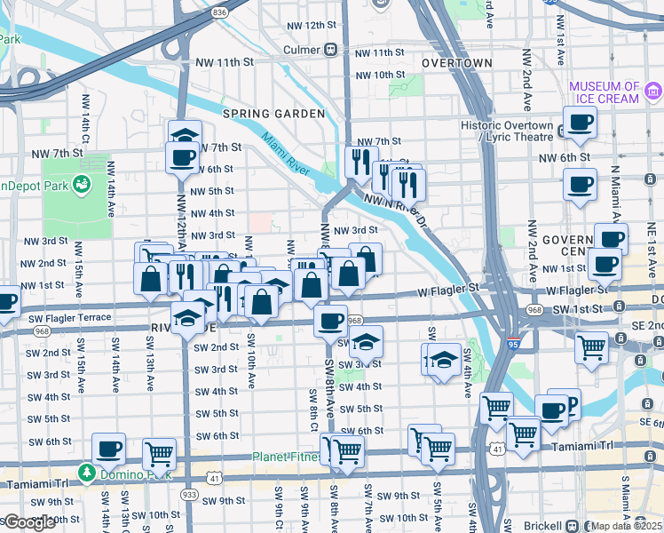 map of restaurants, bars, coffee shops, grocery stores, and more near 809 West Flagler Street in Miami