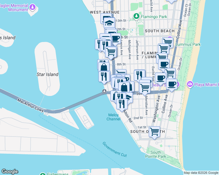 map of restaurants, bars, coffee shops, grocery stores, and more near in Miami Beach