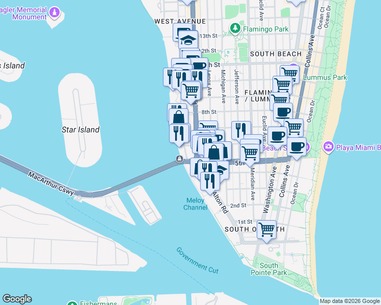 map of restaurants, bars, coffee shops, grocery stores, and more near in Miami Beach